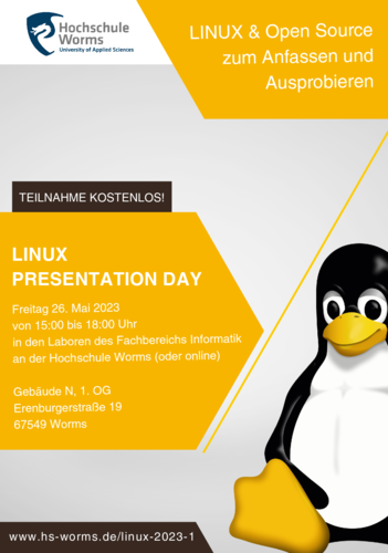 Am Freitag 26.05.23  ist #Linux Presentation day an der Hochschule in #Worms 
#Kein Eintritt. Ohne #Anmeldung
#Linuxpresentationday #LPD #LPD23