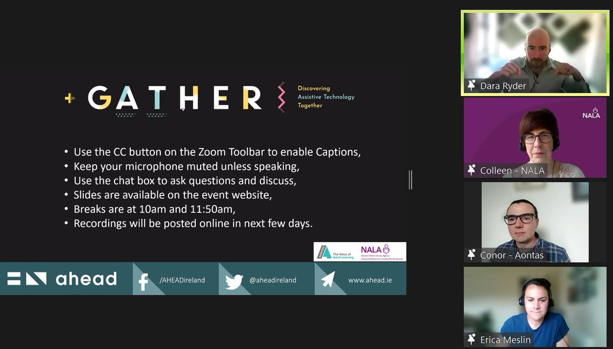 Day 3 of #gatherAHEAD kicking off! A warm welcome from <a href="/dararyder/">Dara Ryder</a> <a href="/EricaMeslin/">Erica Meslin</a> <a href="/ConorT201/">Conor Thompson</a> <a href="/DubeColleen/">Colleen Dube</a>! We'll be hearing from Treasa McGinley and Angela McElhinney from <a href="/DonegalETB/">Donegal ETB</a> on Building Capacity - AT &amp; UDL in FET soon.