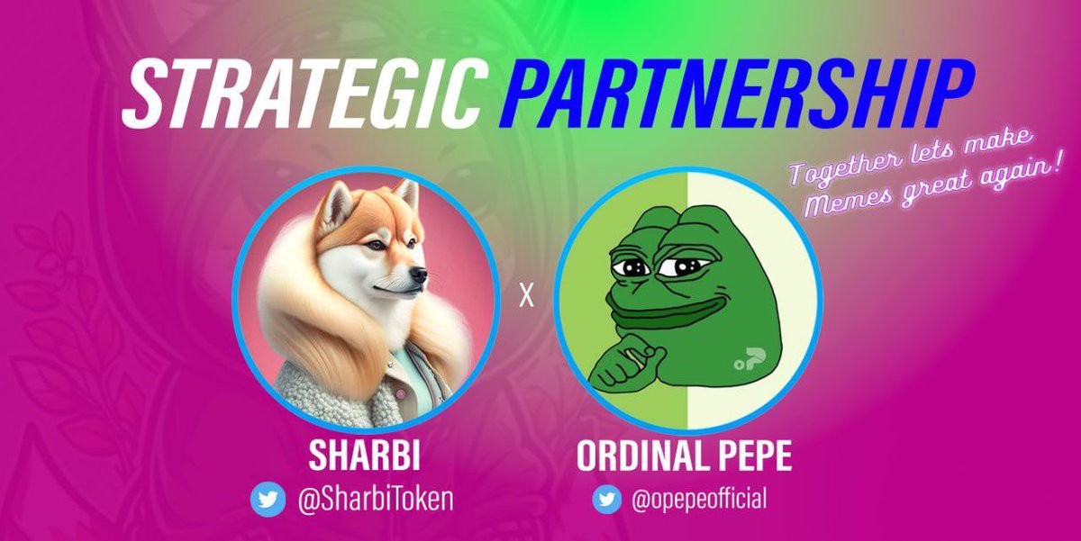 OPepeofficial's tweet photo. Strategic Partnership 🐕🐶

Sharbi x Ordinal Pepe 🤝

Together we will make memes great again 🐾

The partnership will benefit both parties in the future with Collaborations &amp; many other surprises 🔥

Make sure to check them out 💣

@SharbiToken 
#Opepe #brc20 https://t.co/b4t0Tzv3QT