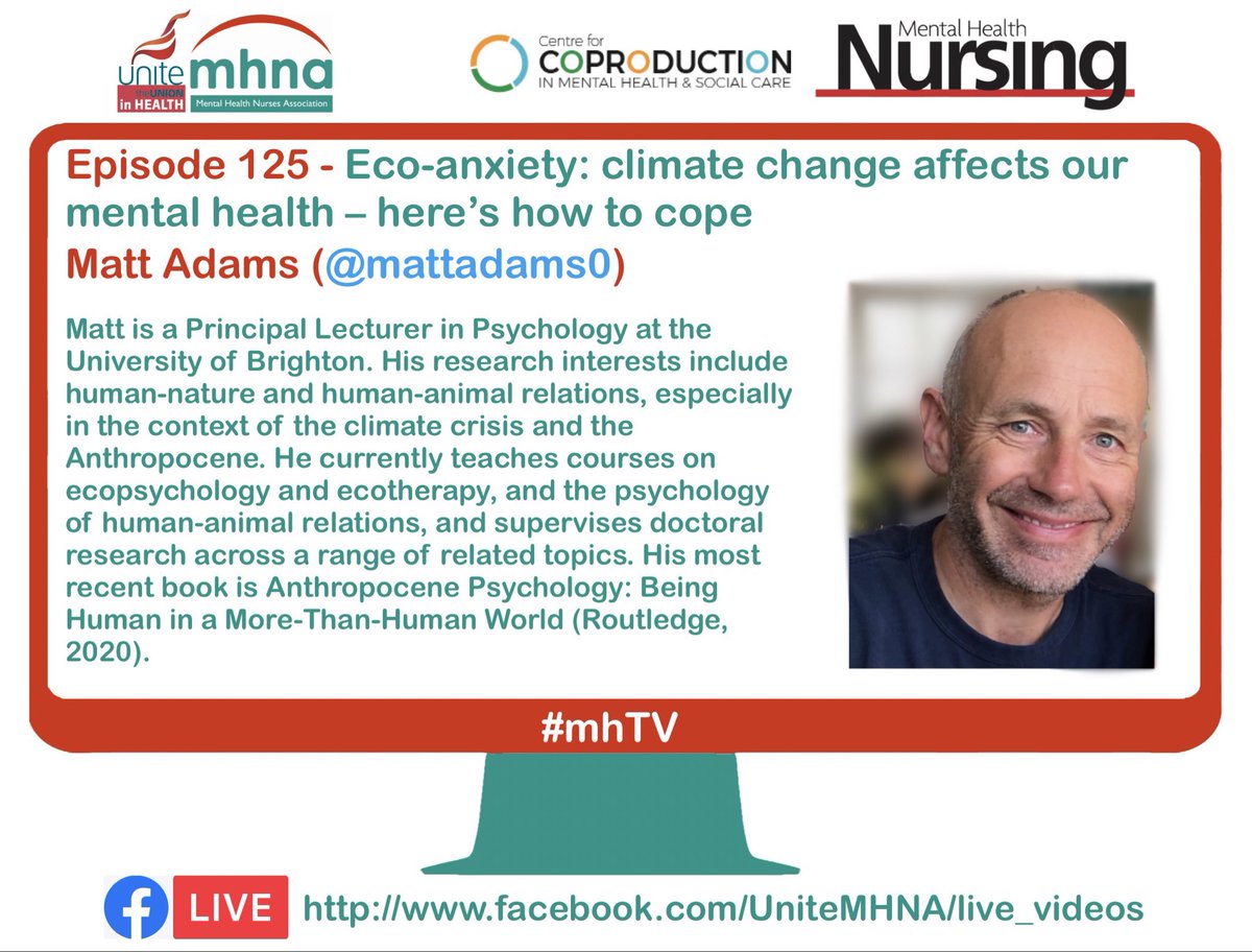 This evening!  #mhTV episode 125 - Eco-anxiety: climate change affects our mental health – here’s how to cope facebook.com/UniteMHNA/even… #exoanxiety @ClimatePsychol