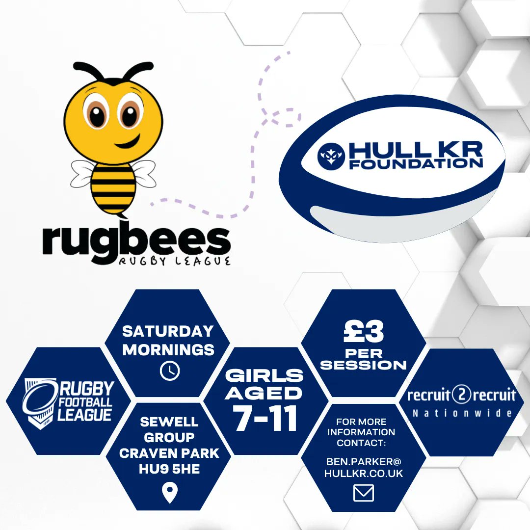 🏉🐝RugBees

📅Saturday 27th May
🕘9 - 10am
🏟️ Sewell Group Craven Park Community Pitches

Players from the @hullkrofficial Women's team will be in attendance and leading the session!

contact ben.parker@hullkr.co.uk to book your place.

#RobinsTogether❤️🤍