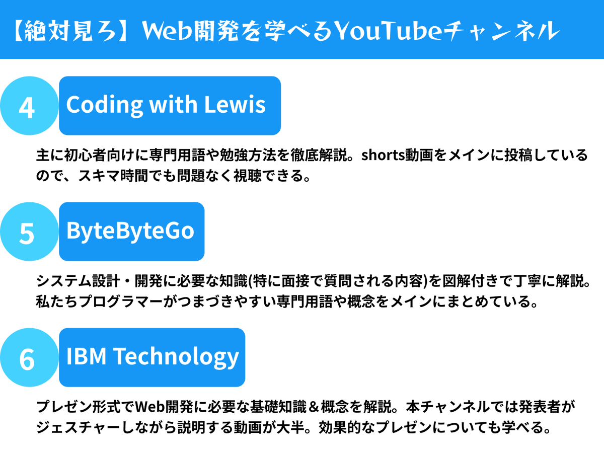 Nameless_SN's tweet photo. 【絶対見ろ】Web開発を学べるYouTubeチャンネル

YouTubeは無料で手に入るWeb開発の情報の宝庫です。積極的に活用していきましょう。
動画でのお勉強は、ネット記事のものよりも圧倒的に理解しやすいです。

#駆け出しエンジニアと繋がりたい #今日の積み上げ #プログラミング https://t.co/8q98u6S0Yd