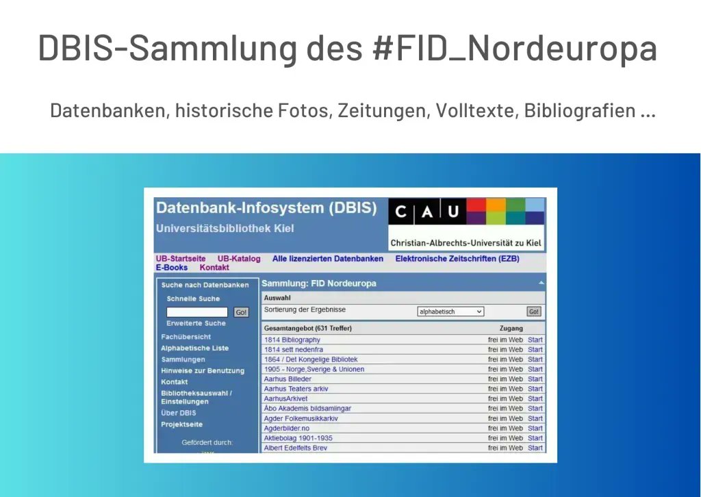 Datenbanken, historische Fotos, Zeitungen, Volltexte, Bibliografien und vieles mehr - recherchieren Sie in über 600 wissenschaftlich relevante Datenbanken aus Nordeuropa in der #DBIS-Sammlung des #FID_Nordeuropa: dbis.ur.de/dbinfo/dbliste… 
#vifanord #Datenbank #Zeitung #Foto
