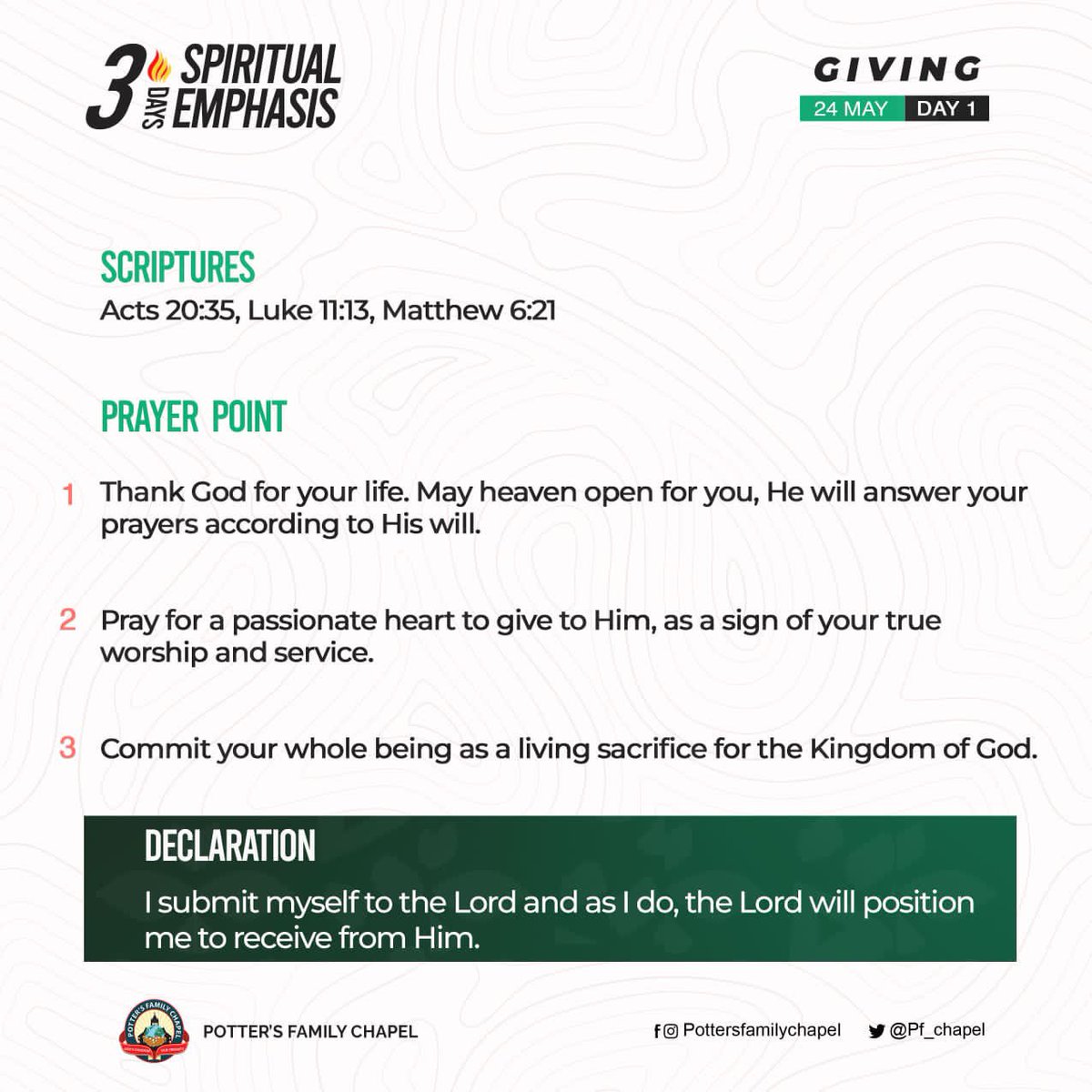 Christianity begins with giving. It is founded on the foundation of God giving us His only Son. Good morning 🙏🏽

#Day1of3 #Fastingandprayers #ProphetAlexArmstrong #OurMonthofGiving
#YearofProsperity