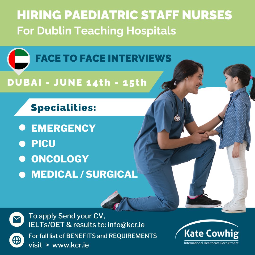 🩺 Attention Dubai!  We are Hiring Paediatric Nurses! 
Face to face interviews June 14th and 15th. 

ℹ️ kcr.ie/job/staff-nurs…

#HSEnurses #paediatricnurse #nursejob #HSEjobs #Irelandnurses #dubaiinterviews #dubainurses #UAEnurses #Irelandnurses