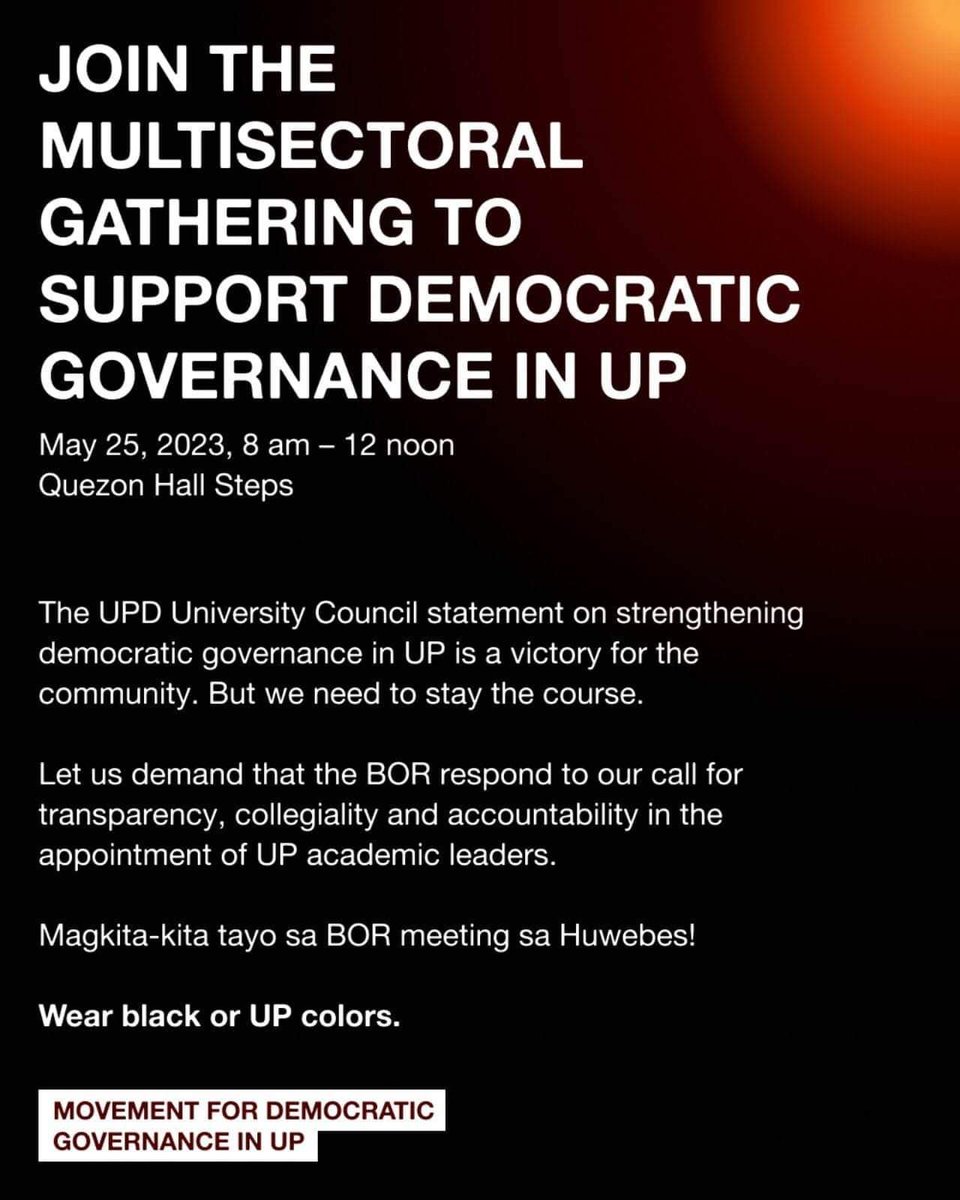 Whether you are an alumnus, staff, REPS, student, or faculty, join us for tomorrow's Multisectoral Gathering to Support Democratic Governance in UP. 

May 25, 8am - 12 nn, Quezon Hall Steps
Wear black or UP colors

Read the University Council Statement: facebook.com/OfficialUPDili…