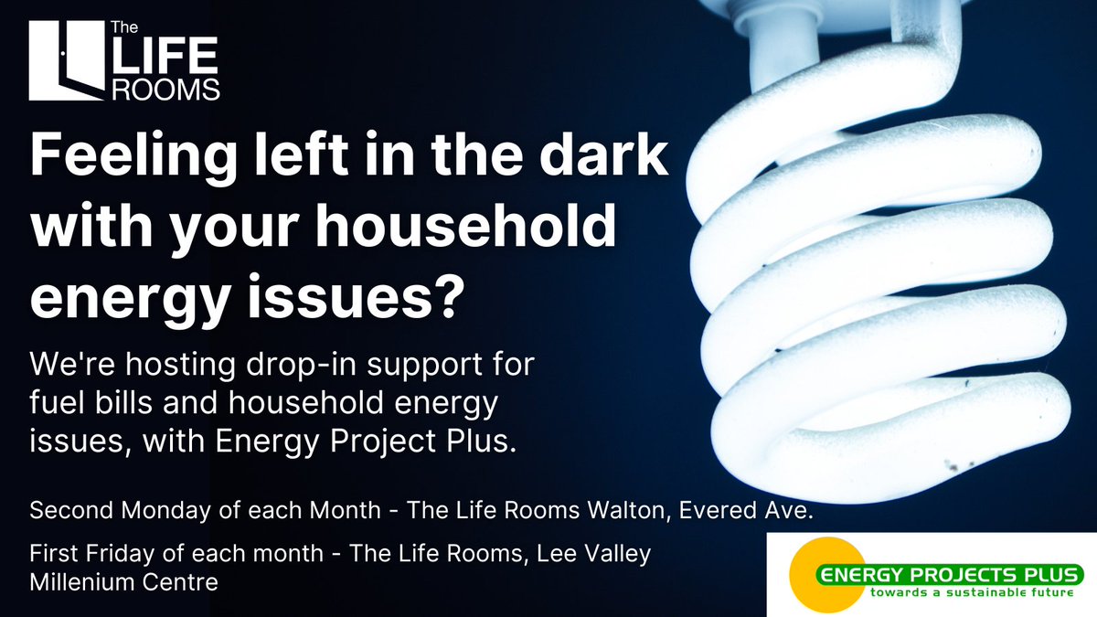 We are pleased to announce Energy Projects Plus' on-site presence at The Life Rooms to provide advice with: 💡 #EnergyEfficiency Advice 💸 Fuel Bill help, including bill enquiries 🚿 Water bill help ✔️ Benefit checks 💚 #FuelDebt Support ..and much more liferooms.org/about-us/events