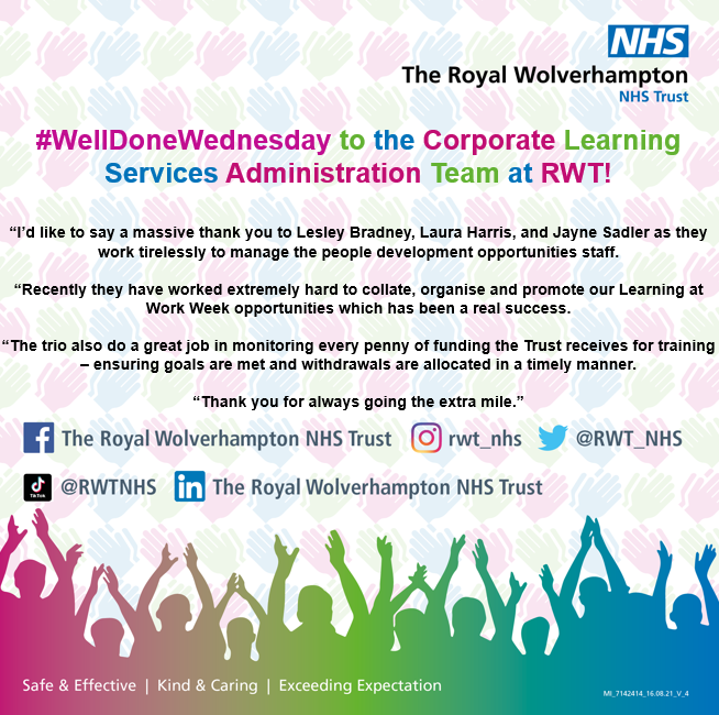 RWT_NHS's tweet photo. #WellDoneWednesday to the Corporate Learning Services Administration Team at RWT! 🥳👏😍 https://t.co/0jilF058FO