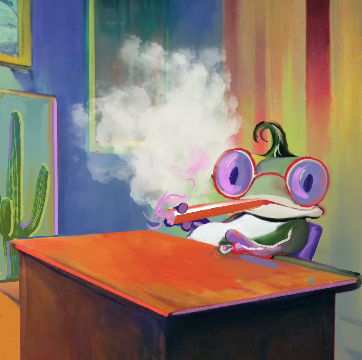 Goood Morning! 

Today I will drop my new nft made in collaboration with  #CactusBoomtez 
For #CactusBoom $pepe challenge 🐸
This bossy frog is full of energy to start new day!