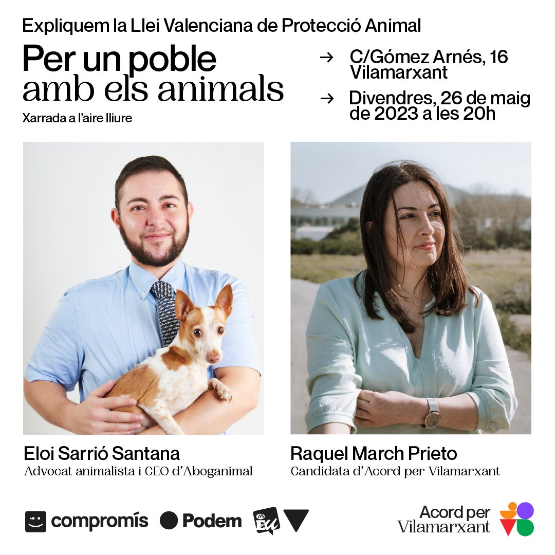 El divendres tenim una cita amb els drets dels animals!

Elio Sarrió, advocat animalista, ens explicarà la nova Llei Valenciana de Protecció Animal. Serà un acte a l'aire lliure presentat per la nostra Raquel March.

📅 Divendres 26 de maig
📍 C/Gómez Arnés, 16
🕗 20h