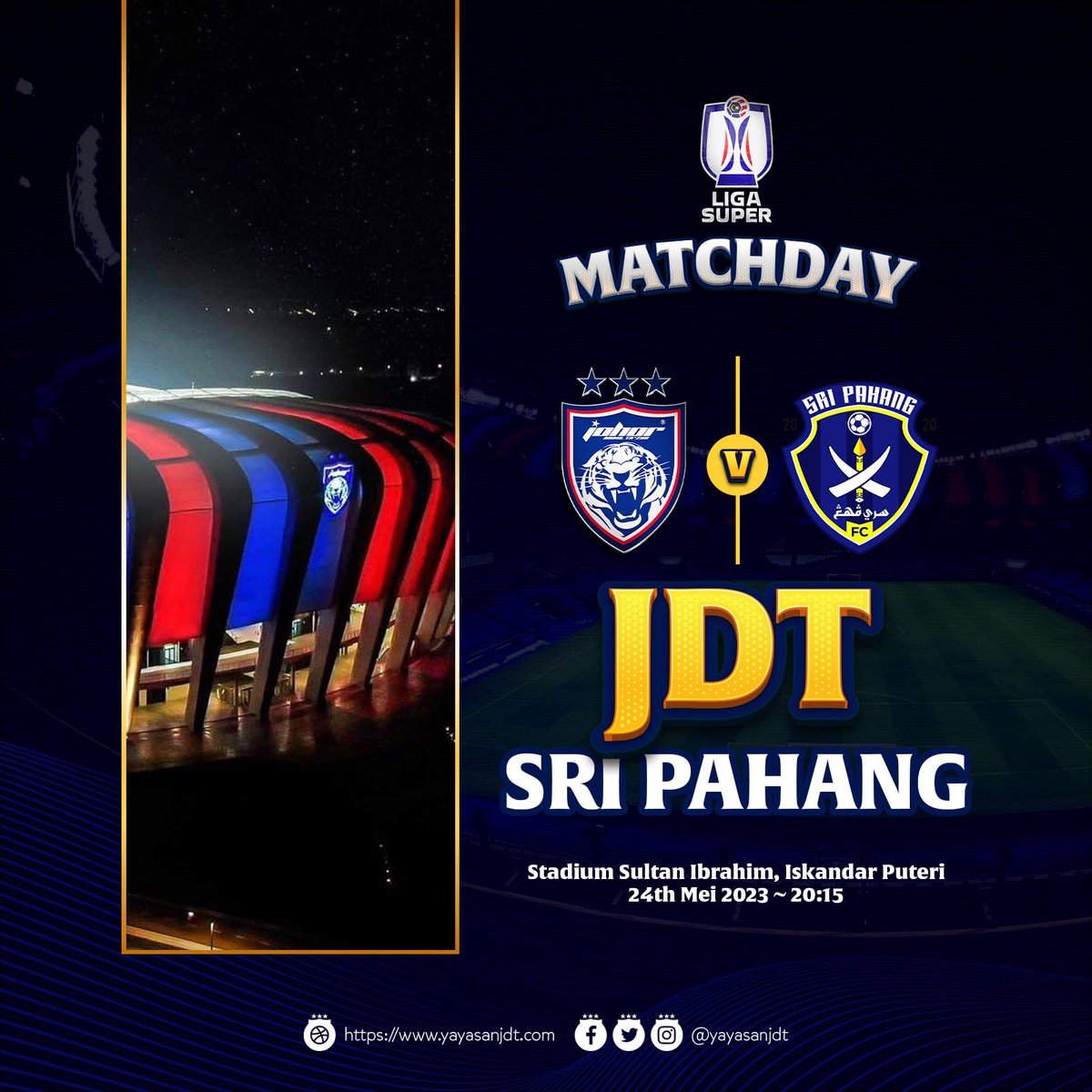 GOOD LUCK TEAM!

Perlawanan tumpuan buat kedua-dua pasukan yang masih belum tewas di saingan Liga Super, JDT bertemu Sri Pahang malam ini di Stadium Sultan Ibrahim.

⚽ Johor Darul Ta’zim vs Sri Pahang FC
🏟 Stadium Sultan Ibrahim
🕘 20:15

#JDTvSRP 
#LigaSuper2023
#YayasanJDT