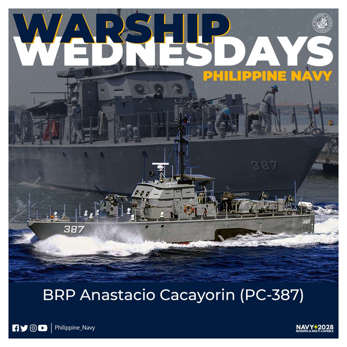 WARSHIP WEDNESDAYS | BRP Anastacio Cacayorin (PC387)

She belongs to the Jose Andrada-class coastal patrol crafts of the PH #Navy, commissioned in 1996 &amp; named after Cpl Anastacio Cacayorin 

#125thPhilippineNavyAnniversary
#ModernandMultiCapablePHNavy
#AFPyoucanTRUST