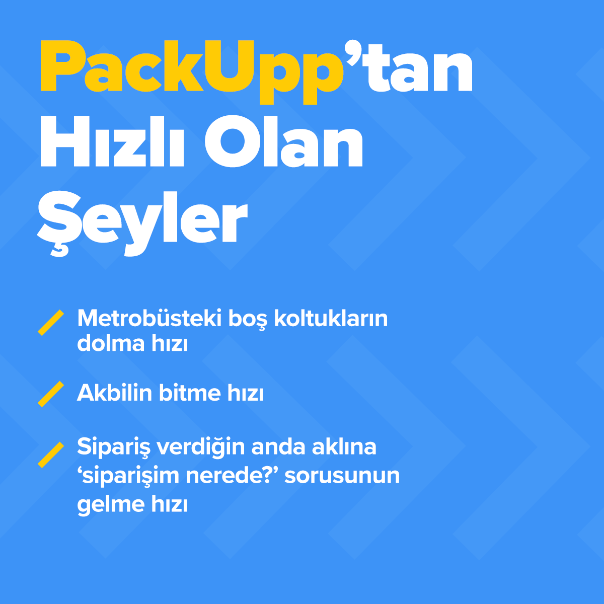 Bazı olayların hızına yetişemesek de sorularına cevap olabiliriz. Sipariş verdikten hemen sonra ‘Siparişim nerede?’ diye düşünenlerdensen PackUpp’ın dijital bilgilendirme ekranı tam sana göre, ‘Haritadan Canlı Takip’ özelliğini denesene!

#PackUpp #FastDelivery #LastMileDelivery