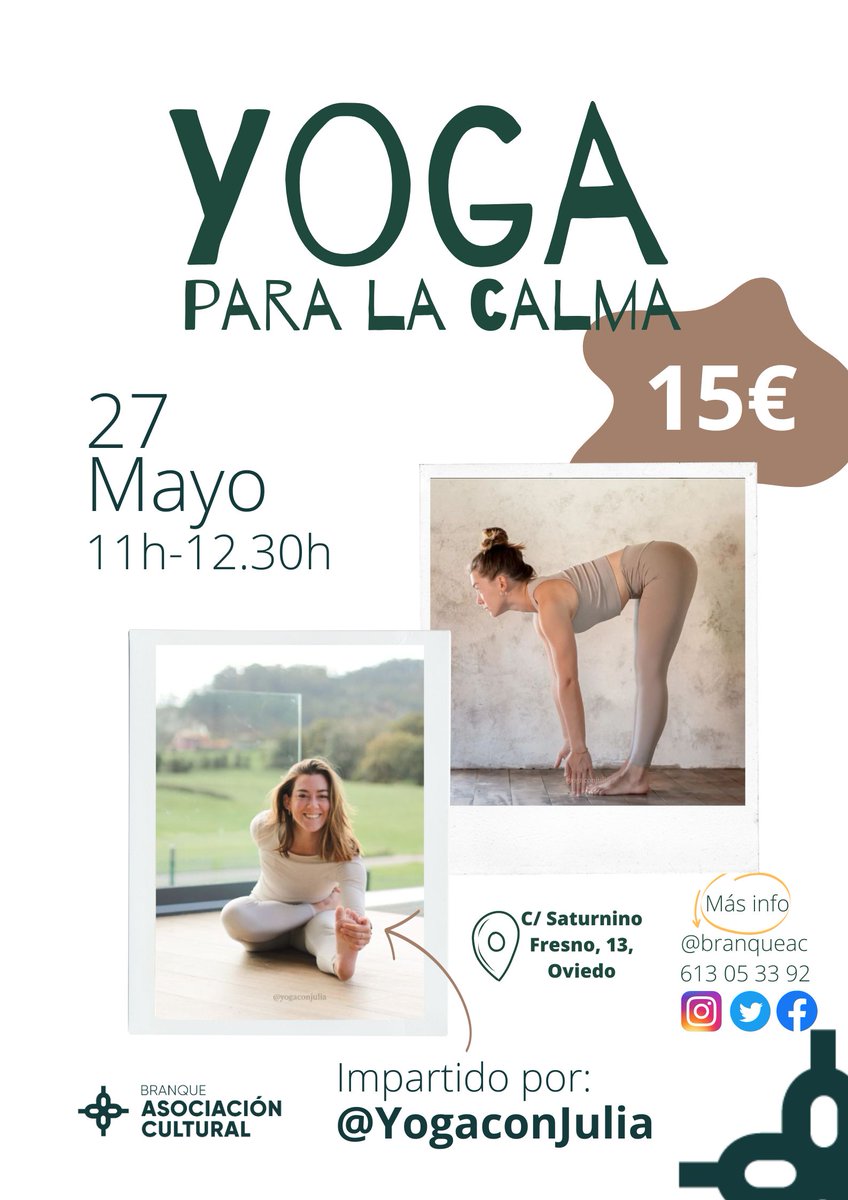 branqueac's tweet photo. 🧘‍♀️ YOGA PARA LA CALMA 🧘‍♂️

😊 Este sábado 27 de mayo, a las 11h, contamos con una clase de yoga impartida por yogaconjulia

👉 Solo necesitamos ropa cómoda, esterilla y ganas de conocer más sobre el yoga

💚 Os esperamos

#branquerizate #yoga https://t.co/M7dLMk8xAy
