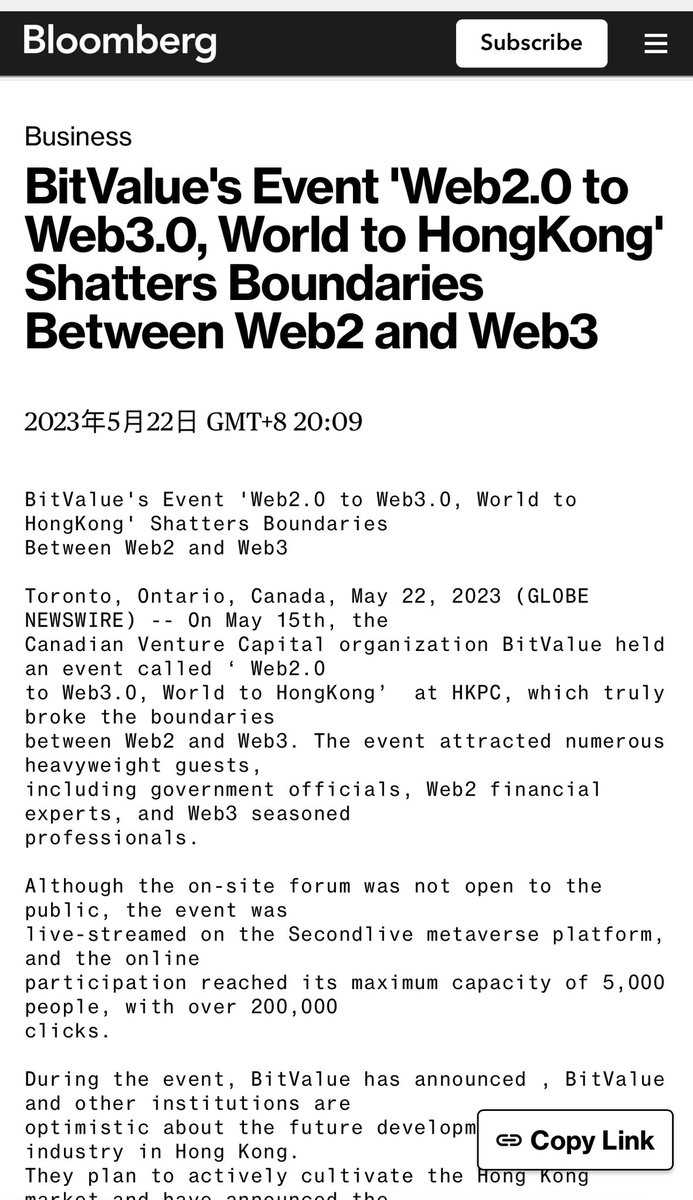 BitValueCapital's tweet photo. Thanks to #Bloomberg &amp; #Yahoo and other 800+ sites for featuring BitValue’s May 15th event ! 
BitValue will continue to contribute to the development of #Web3!
Details here : https://t.co/fzPDI3ZxHl https://t.co/B8cYFMB8na