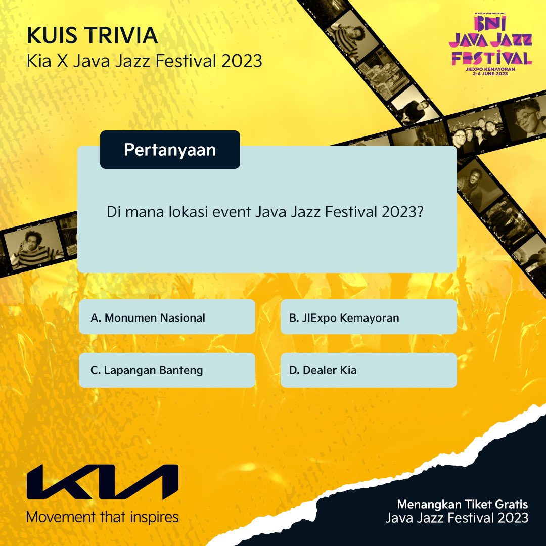 KiaJourney2025's tweet photo. GIVEAWAY 40 TIKET GRATIS JAVA JAZZ FESTIVAL 2023 😎

Cara ikutannya gampang!
1. Like post ini
2. Follow Instagram @kia_indonesia
3. Jawab pertanyaan di komentar &amp; tag 3 teman
4. Share post ini ke Story Instagram Kia Holics &amp; mention @kia_indonesia https://t.co/Af3YswyxTk