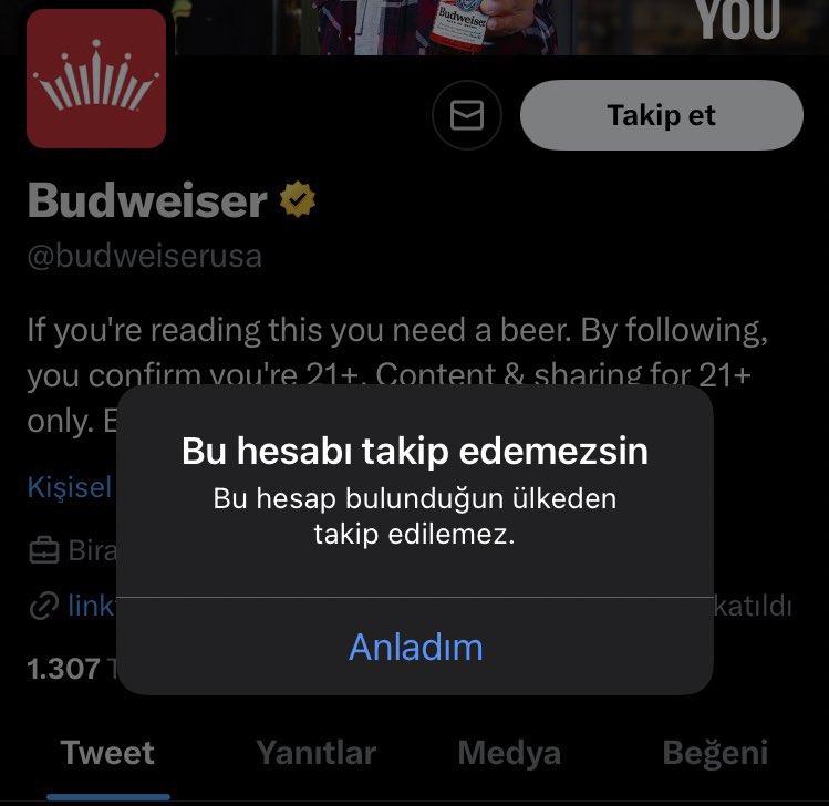 Global alkollü içecek markalarını takip etmek istediğinizde,

"bu hesap Türkiye içinden takip edilemez." 

uyarısı geliyor.
