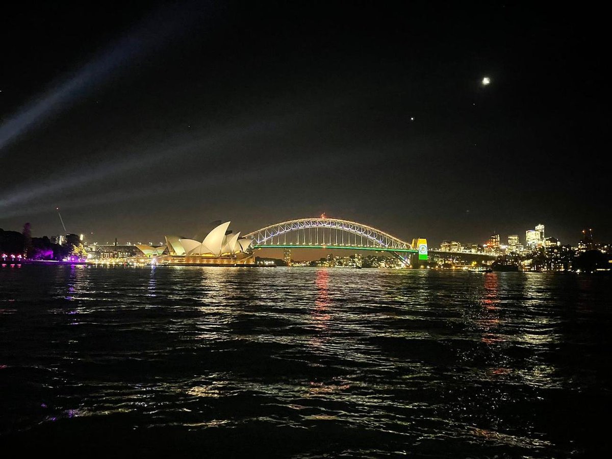 ANI's tweet image. Australia | The Sydney Harbour and Opera House light up in the colours of India&apos;s national flag ahead of Prime Minister Narendra Modi’s visit there.

#PMModiInAustralia