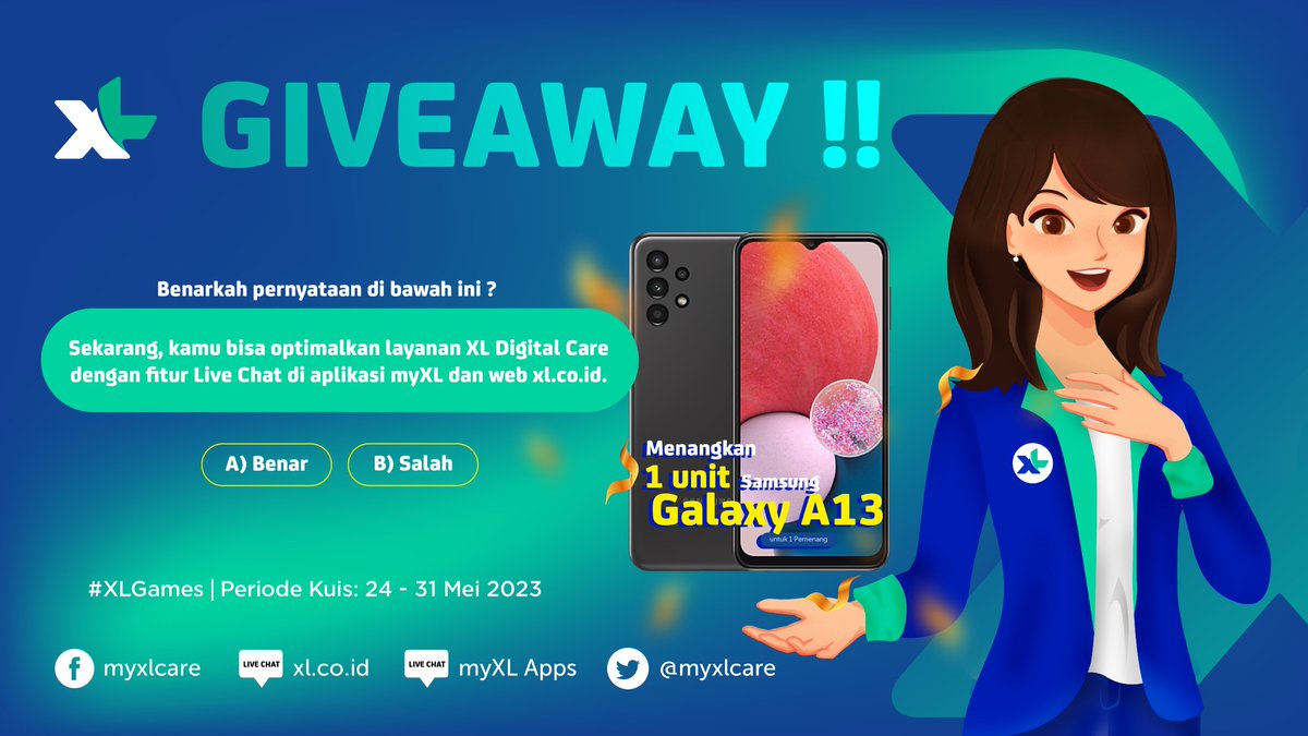 ✨G I V E A W A Y✨
Maya punya 1-unit Samsung Galaxy A13 buat kamu yang bisa jawab pertanyaan dengan benar!

Cara ikutannya mudah:
➡️Follow @myXLCare
➡️Wajib RT & Like tweet ini
➡️Jawab pertanyaan sebanyak mungkin dengan benar dan sertakan hashtag #XLGames

Semoga beruntung! 💙