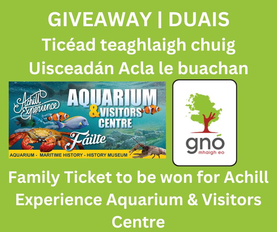 Gnó Mhaigh Eo (@gno_mhaigheo) on Twitter photo 🎁GIVEAWAY🎁
Family Ticket to be won for Achill Experience Aquarium & Visitor Centre
You will see your favourite fish & sharks in Mayo’s only aquarium. achillexperience.ie
TO WIN
1⃣Follow <a href="/Gno_MhaighEo/">Gnó Mhaigh Eo</a> and <a href="/AchillEXP/">Achill Experience, Aquarium & Visitor Centre</a> on Twitter
2⃣Retweet this tweet
#competition 🎁GIVEAWAY🎁
Family Ticket to be won for Achill Experience Aquarium & Visitor Centre
You will see your favourite fish & sharks in Mayo’s only aquarium. achillexperience.ie
TO WIN
1⃣Follow <a href="/Gno_MhaighEo/">Gnó Mhaigh Eo</a> and <a href="/AchillEXP/">Achill Experience, Aquarium & Visitor Centre</a> on Twitter
2⃣Retweet this tweet
#competition