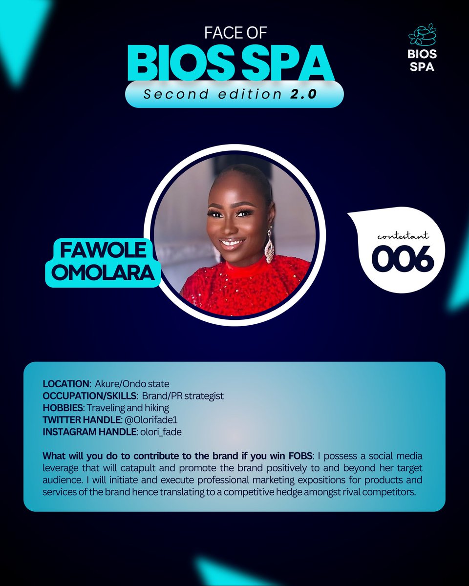 Meet Contestant 06 of the Face of Bios Spa Contest

Miss Fawole Omolara <a href="/OloriFade1/">Olorifade</a> is a brand and PR strategist who loves travelling and hiking.

To vote her as your favorite contestant, kindly like her picture profile, comment 'FOBS' on it and follow our page.