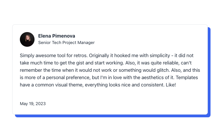 SpreoApp's tweet photo. Thanks to Elena for her testimonial - she has been using Metro Retro for over a year!

She says running your retrospectives or team meetings in Metro Retro is "Simply Awesome":

- Simple to get started
- Reliable platform
- Love the templates and visuals https://t.co/p4zHWnh8Uv