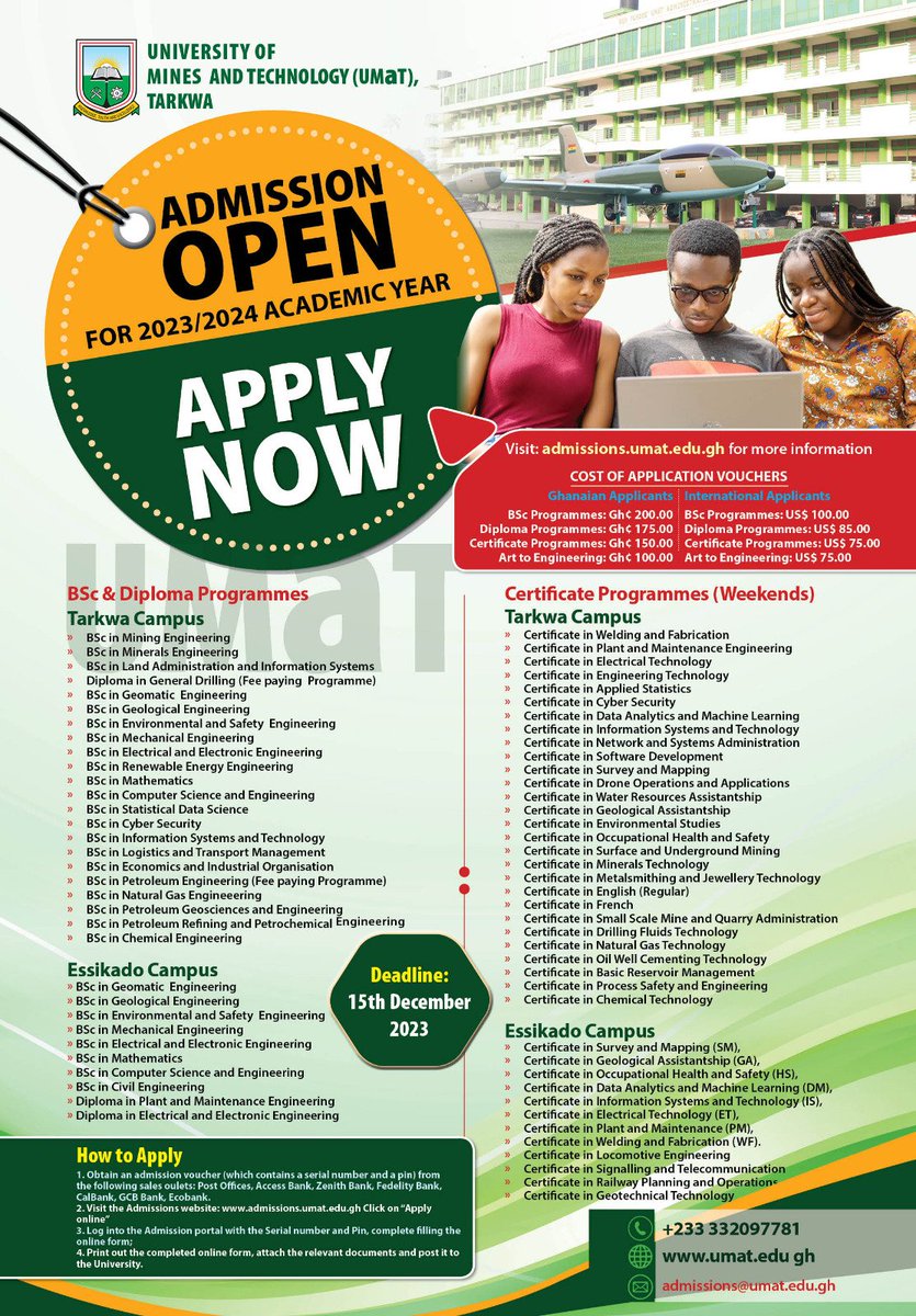 umatlive_'s tweet photo. 📍 ATTENTION GENERAL PUBLIC 📍

Please be informed that the University of Mines and Technology (UMaT) has released undergraduate admission forms for the 2023–2024 academic year.

The application is due on December 15, 2023. https://t.co/Lj4cOdSbZ3