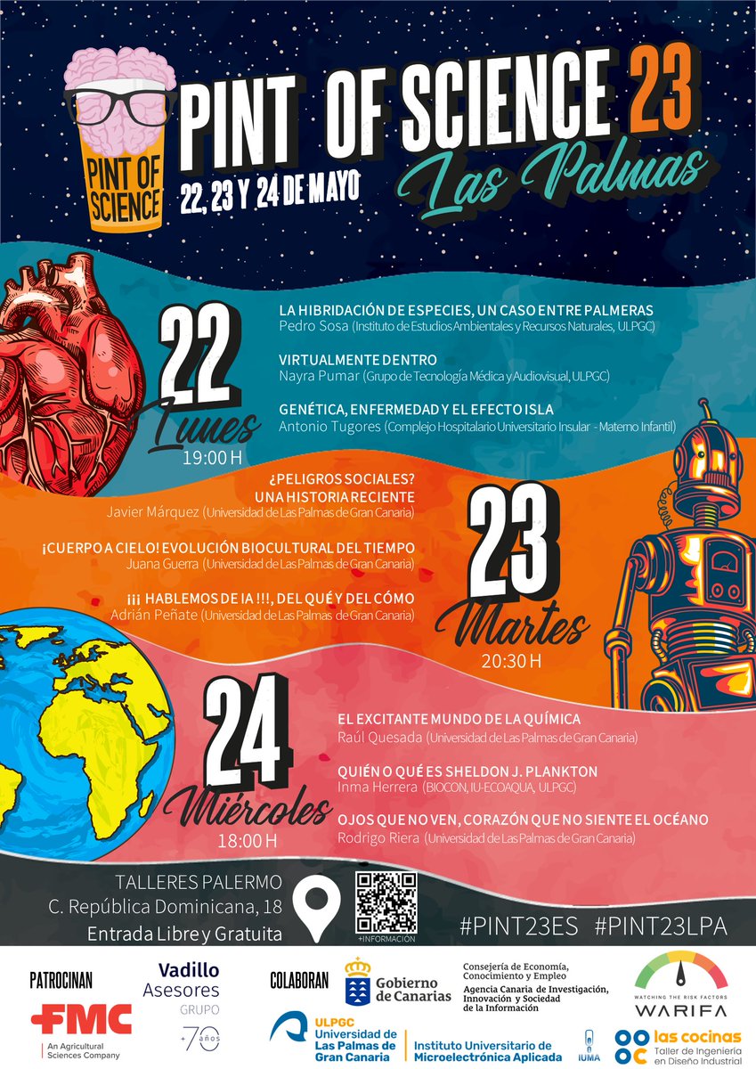 agenciaiisi's tweet image. 🚨ÚLTIMAS jornadas #pint23lpa #pint23tnf 24 de mayo🕶️🧠📢
🔵Mundo océano, 18.00h📍Talleres Palermo, Las Palmas 
🟢Preocupados por nuestra salud: de estudiar lo más común a estudiar lo más raro, 19.30h📍Pub Sócrates, La Laguna 
pintofscience.es 
#pint23ES @pintofscienceES
