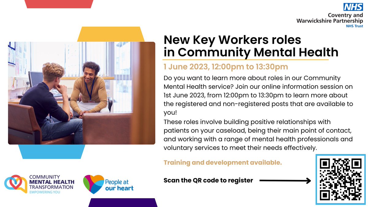 NHSCareersHub's tweet photo. @CWPT_NHS are excited to have brand new key worker roles up for grabs in our Community #MentalHealth Service.

Come along to our online information session on 1 June to find out what a key worker is and why you should join #TeamCWP!

Register now: https://t.co/JhNwW1vBoW https://t.co/89Z0rX3FUe