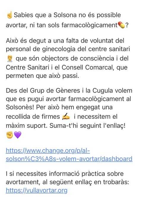 lobservatoridsr's tweet photo. Sabíeu que a Solsona no és possible avortar, ni tan sols a través del mètode farmacològic💊? Ho denuncien les companyes de @GeneresSolsones i @LaCugula.

✍️ Han iniciat una recollida de firmes i necessiten del suport de totes: https://t.co/TQl3UoWGd5

Al Solsonès volem avortar! https://t.co/wwgyOFebb9