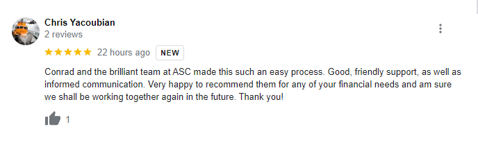 ASCFinance's tweet photo. Another great review for our Cornwall office! Great job Conrad Robins and team! Thanks for the kind words Chris!

#finance #business #Review https://t.co/e8XAz2R96i