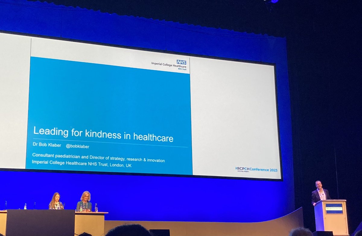 #RCPCH2023 Day 2 @BobKlaber kicking us off: “Kindness is the business of healthcare”. Focus on how kindness, emotions, and human relationships are a blind spot in human policy. Evidence presented for how kindness leads to better patient outcomes.