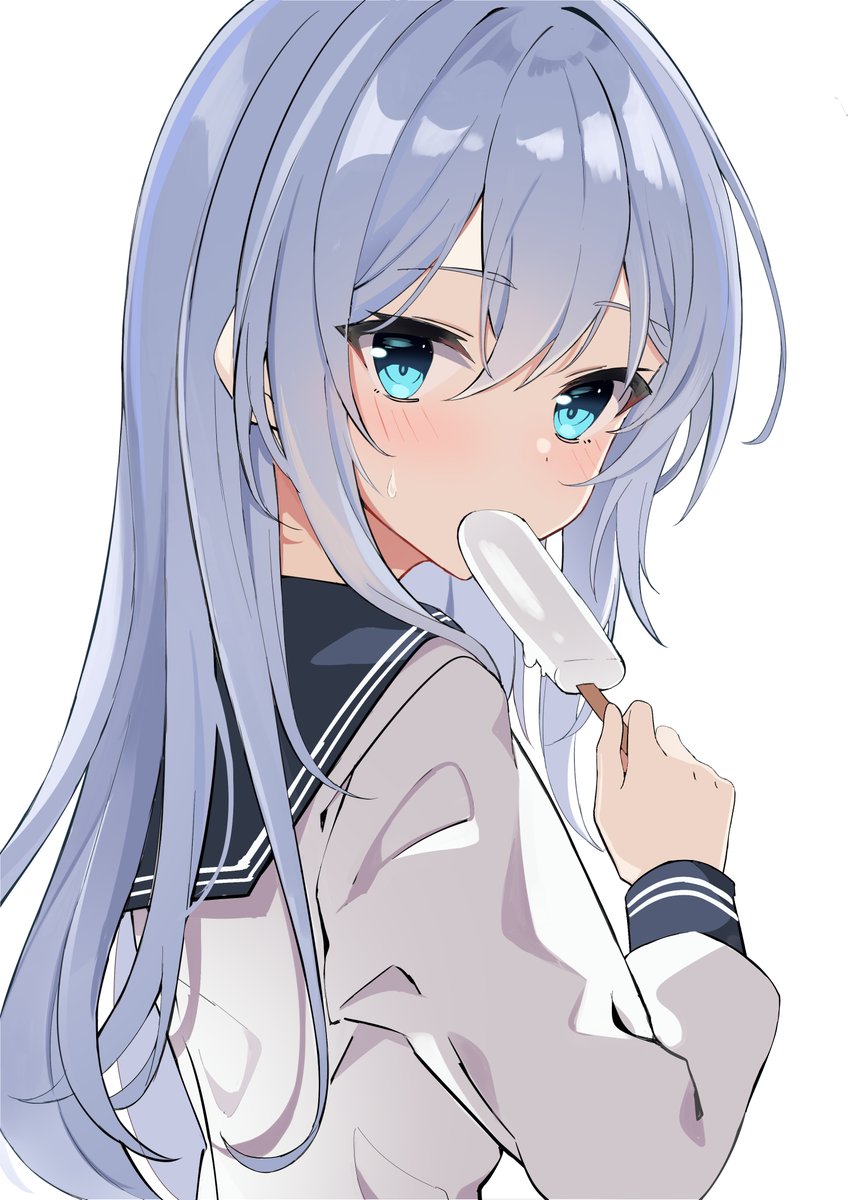 hibiki (kancolle) 1girl long hair solo food sailor collar blue eyes simple background  illustration images