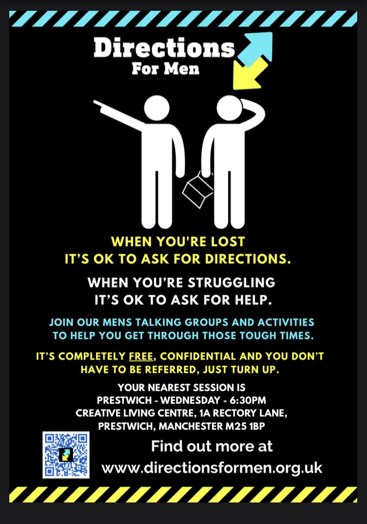 Our Wednesday @Directions4Men group is on tonight in Prestwich @CreativeLivingC 6.30pm. Please share through your networks 🙋‍♂️ #mantalk #mentalhealth #wellbeing