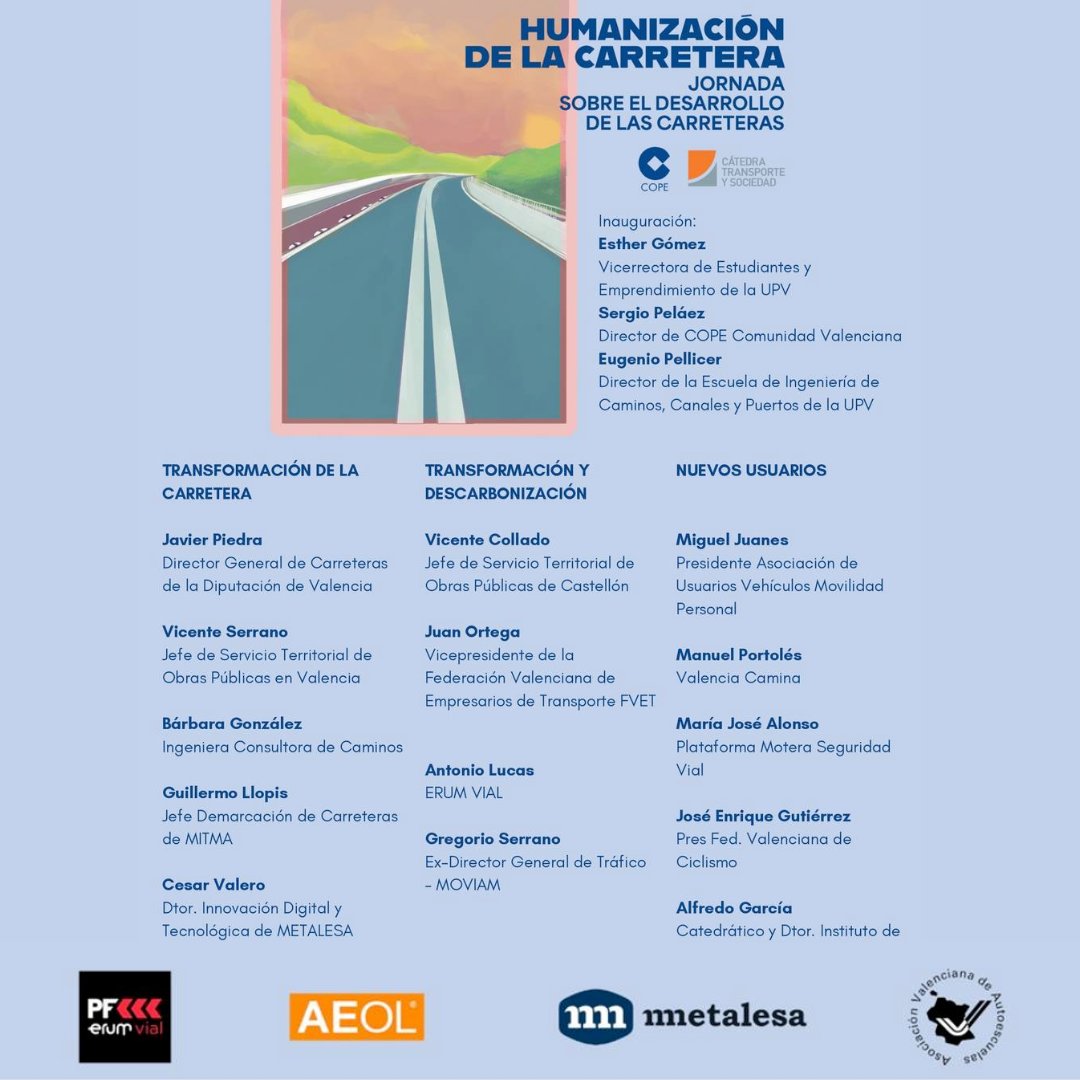 🔜 Jornada COPE: "Humanización de la carretera" junto a la Cátedra Transporte y Sociedad con la apertura por <a href="/maesgomar/">M. Esther Gómez Martín</a> ICCP y Vicerrectora de Estudiantes y Emprendimiento <a href="/UPV/">Universitat Politècnica de València</a>, Sergio Peláez, director de COPE CV y <a href="/PellicerEugenio/">Eugenio Pellicer</a>  Director de <a href="/CaminosUPV/">Caminos UPV</a> cope.es/emisoras/comun…