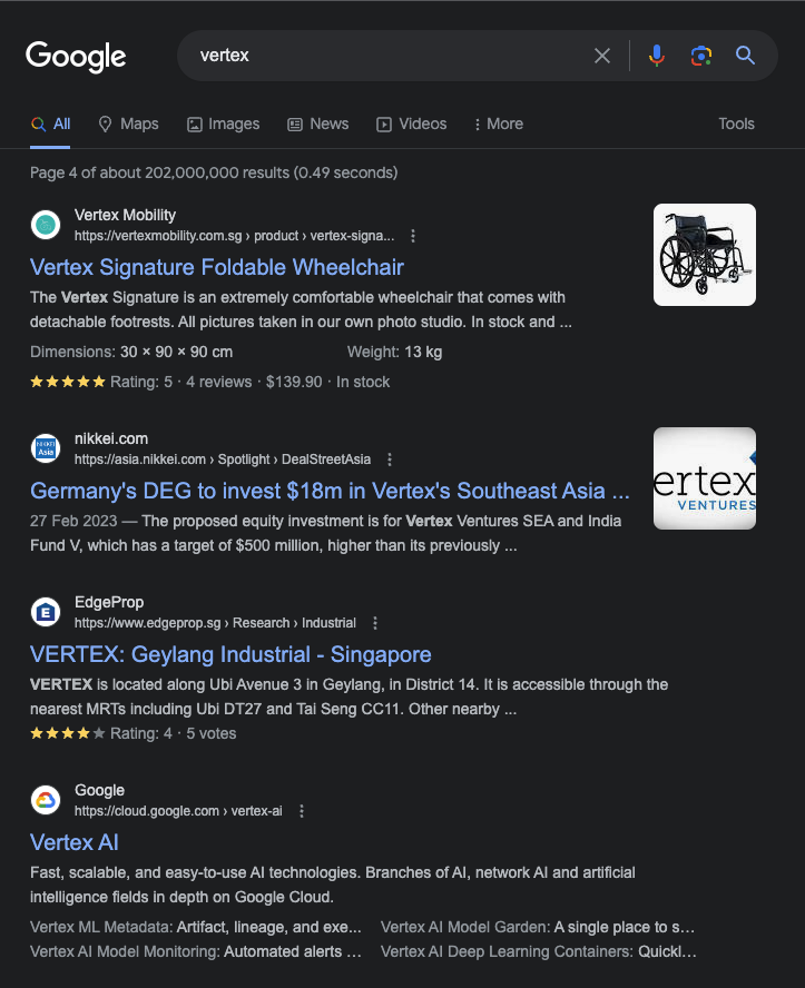 If you Google search for "Vertex" in an incognito (Chrome) browser:

Vertex AI, Google's own AI platform, does not show up until midway down the fourth page of results. #seowoes 🥲