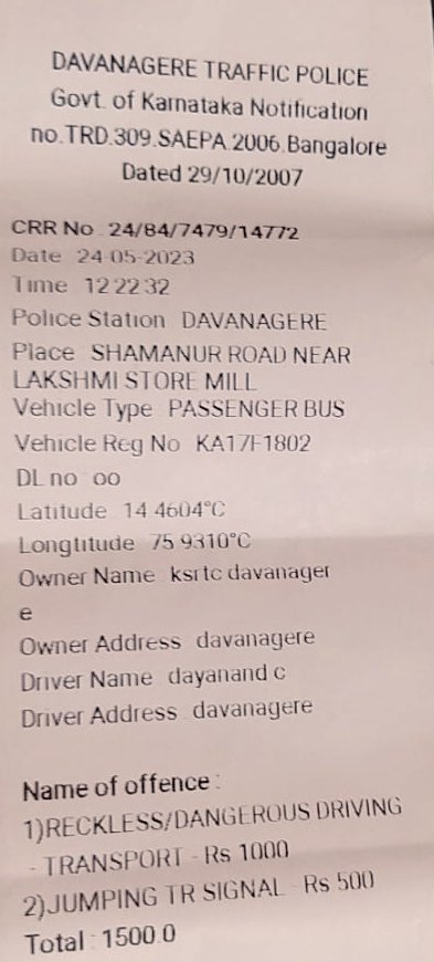 @Davangeretimes @KSRTC_Journeys @alokkumar6994 @INCKarnataka @Karnataka_DIPR Imposed fine for traffic violation and report sent to KSRTC Divisional Controller to take disciplinary action.