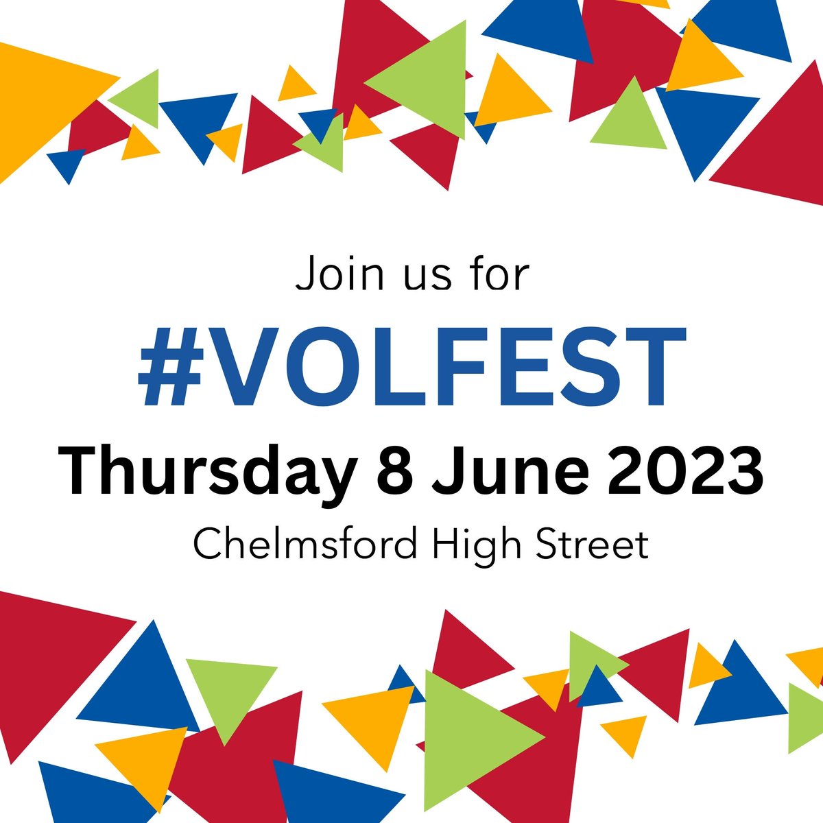 #VolFest is back!
On Thursday 8 June, we will be celebrating #NationalVolunteersWeek by taking over Chelmsford High Street.
34 local organisations will be showcasing their efforts & services in a festival of all the good that can come of our community working together! ❤️💛💙💚