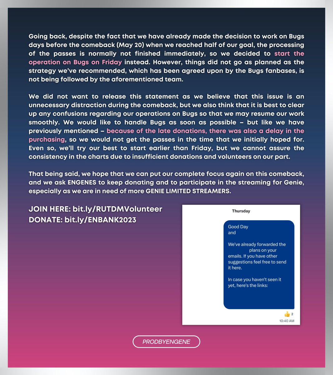 pbe's schedule on bugs downloading is on friday because of funds. their genie streaming and downloading operations have good results. but they cant use all dl passes for genie in 1 day so they are dividing it on different days.