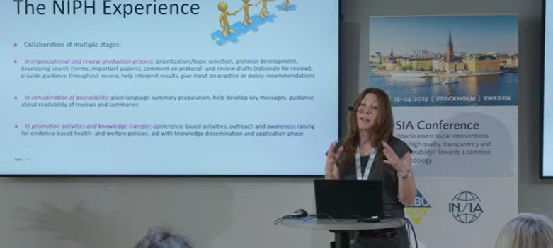 SBU_se's tweet photo. "Once the review is done, we often assist with using the review in guideline development."
Rigmor Berg, Professor and Vice-Chair of INSIA, describing the work at Norwegian Institute of Public Health. #SIAint2023 https://t.co/xmYBi9Fb5s