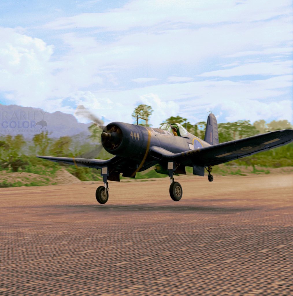 RNZAF Corsair NZ5444 from No.15 Squadron takes off from Piva Airfield, Bougainville. 1944.