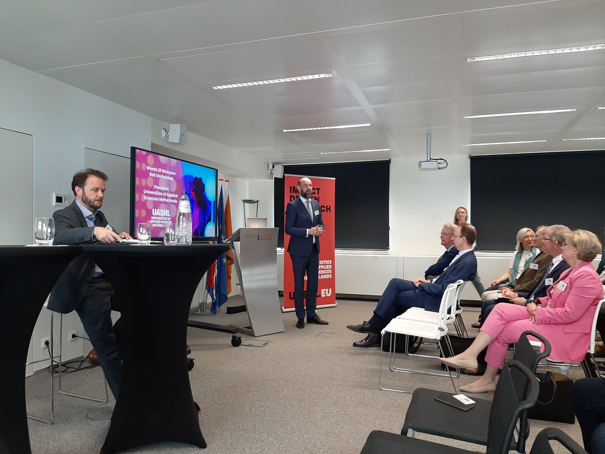 In front of a packed room UASNL president @robverhofstad opens our public event 'UAS as partners for SMEs'.