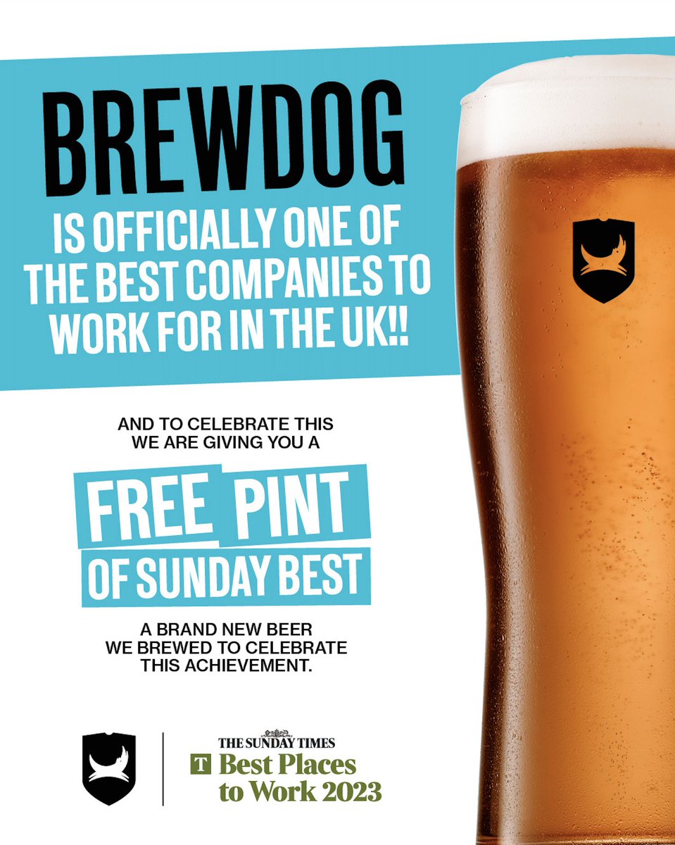BrewDog is officially one of the best companies to work for in the UK!

To celebrate we are giving everyone a free pint of a brand new beer.

Simply show this image in any of our UK bars, and we’ll give you a free pint of Sunday Best - a delicious new amber ale. 🍻