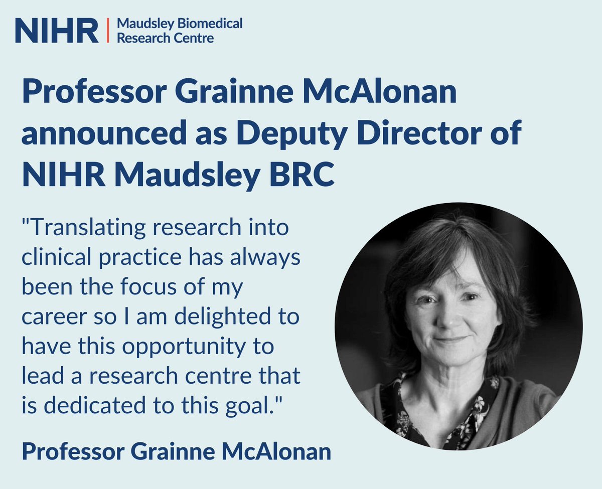 We are delighted to announce Professor Grainne McAlonan as Deputy Director of NIHR Maudsley BRC.👏 She leads our Child Mental Health and Neurodevelopmental Disorders Theme, and holds positions @KingsIoPPN, @MaudsleyNHS and @kingshealth. Read more: maudsleybrc.nihr.ac.uk/posts/2023/may…