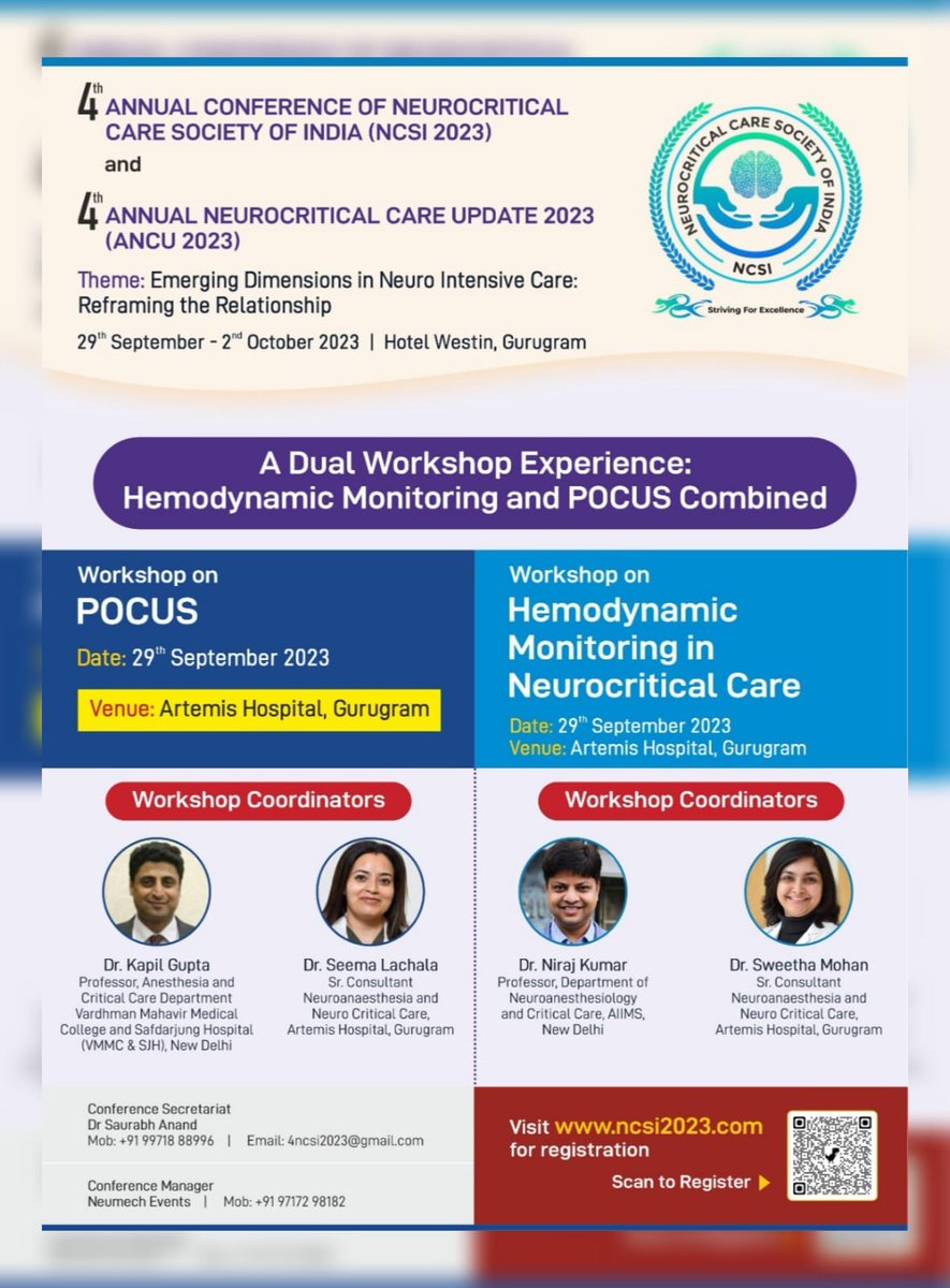 Hemodynamic Monitoring and POCUS Combined under coordination of Dr. Kapil Gupta, Dr. Seema Lachala, Dr. Niraj Kumar and Dr. Sweetha Mohan
Save the Date 4th NCSI 2023 and 4th ANCU 2023 from 29th Sep-2nd Oct 2023.

Conference Manager - Neumech Events