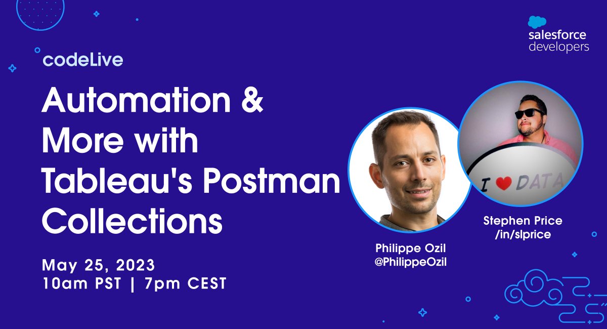 PhilippeOzil's tweet image. Book your calendars for a special @SalesforceDevs #codeLive session with a guest of honor: Stephen Price from @tableau. We'll talk about some of my favorite topics: APIs, Postman and automation!
🗓️ May 25, 2023
⏰ 10am PST | 7pm CEST
📍 youtube.com/live/z6hq6fHuh…
