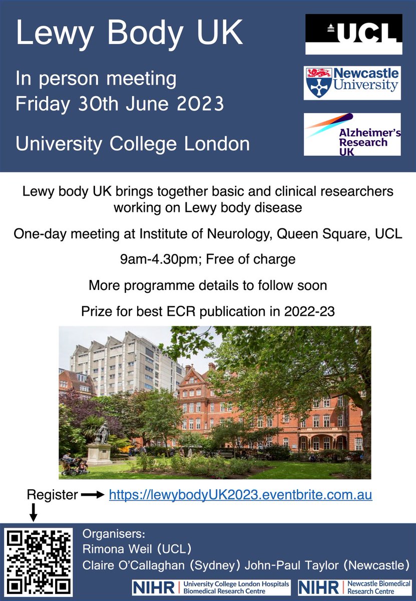 Don’t forget to register for #LewyBodyUK a free meeting at ⁦@UCLIoN⁩ on #LBD on Friday June 30th organised with ⁦@John_PaulTaylor⁩ and ⁦@C__OCallaghan⁩. Fantastic speakers on the latest in LBD! Places filling up fast