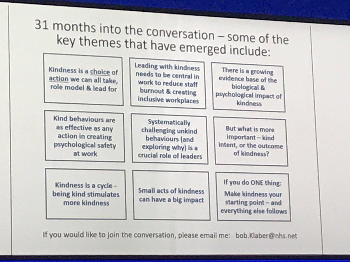 The heavy stuff
@BobKlaber #rcpch23

🔴Kindness is a choice. We choose to be not kind

🔴Leading with kindness reduces workplace burnout 

🔴Kindness is critical for psychological safety 

🔴Challenging unkind behaviour is crucial