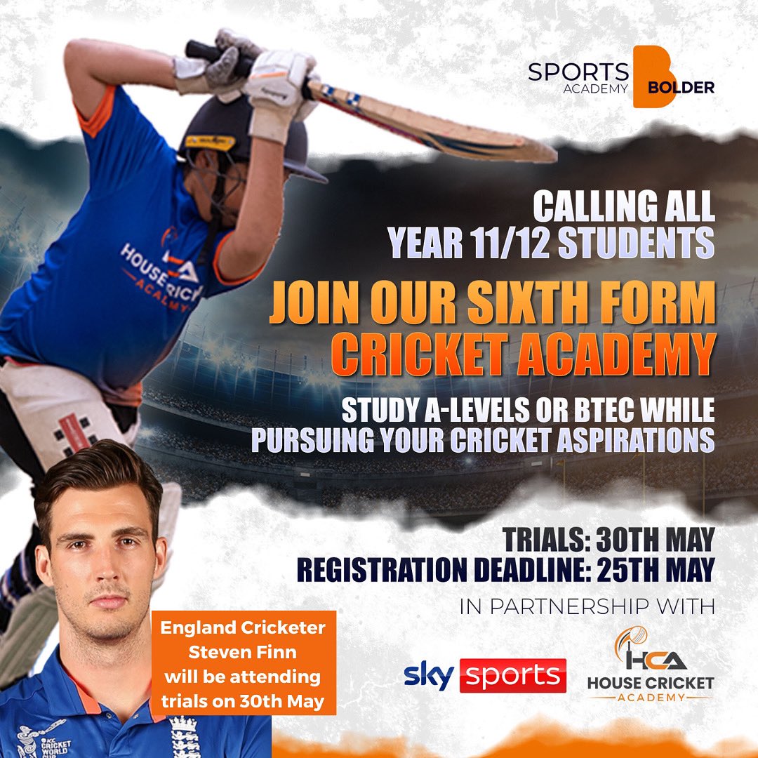 House Cricket Academy (@housecricketacd) on Twitter photo 📣 Breaking news! Join England cricketer Steven Finn for our sixth form cricket academy trials! Year 11/12 students, don't miss this amazing opportunity to study and be part of a cricket academy! Registration deadline: May 25th. Sign up on our website! <a href="/Boldercommunity/">Bolder Academy - Sport and community use</a> <a href="/SkySports/">Sky Sports</a> 📣 Breaking news! Join England cricketer Steven Finn for our sixth form cricket academy trials! Year 11/12 students, don't miss this amazing opportunity to study and be part of a cricket academy! Registration deadline: May 25th. Sign up on our website! <a href="/Boldercommunity/">Bolder Academy - Sport and community use</a> <a href="/SkySports/">Sky Sports</a>