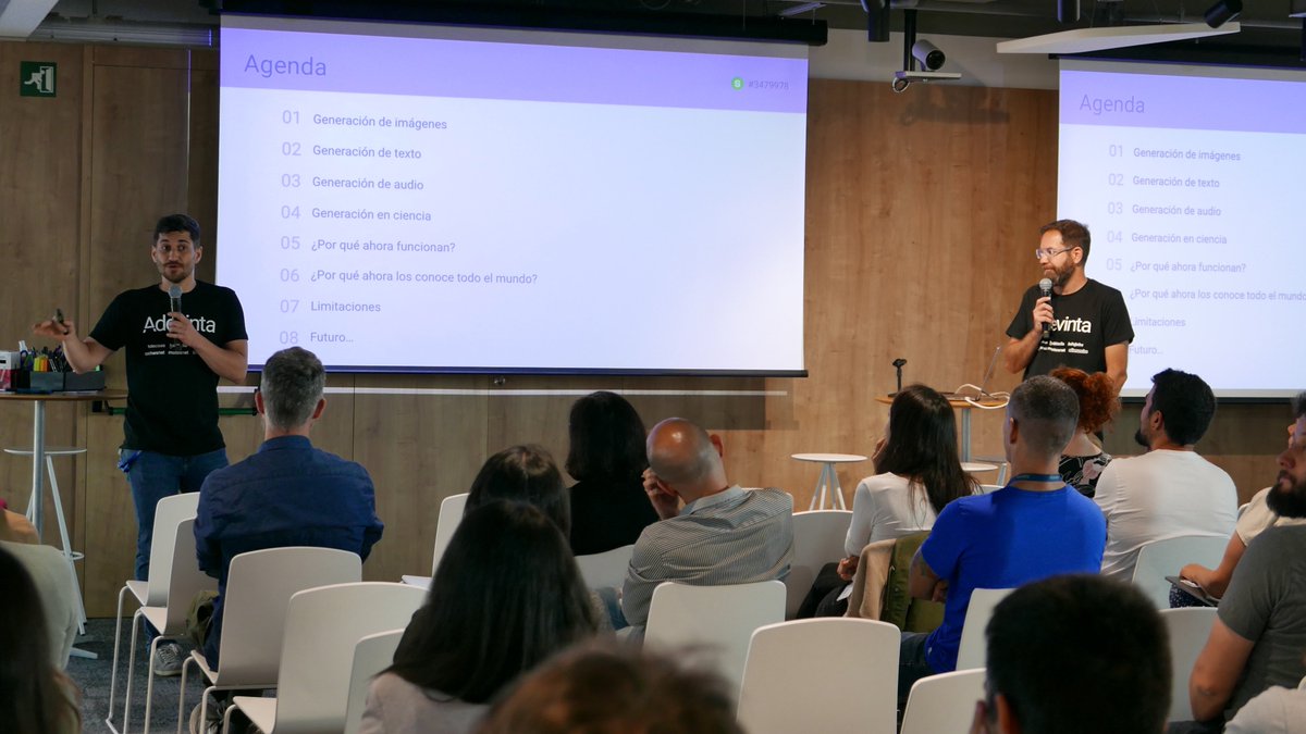 AdevintaSpain's tweet photo. Hoy tenemos la suerte de disfrutar, en las oficinas de Barcelona, de una fantástica jornada sobre #IAgenerativa con unos ponentes Adevintans de lujo 👏🤩

¡Empezamos fuerte con Xavier Belda (#DataScientist Enabler) y Jorge Castro (#MachineLearning Enabler)! 👇
"¿Qué es y cómo funciona la #IA Generativa?"

#MachineLearningDay #AdevintaSpain